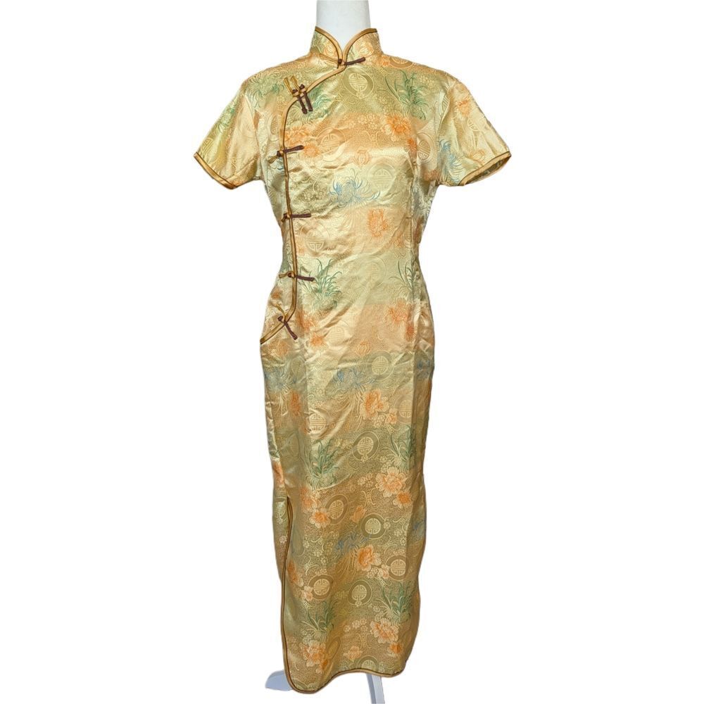 Visifushi XXXL Womens Gold Yellow Floral Chinese Cheongsam Maxi Dress Size 44